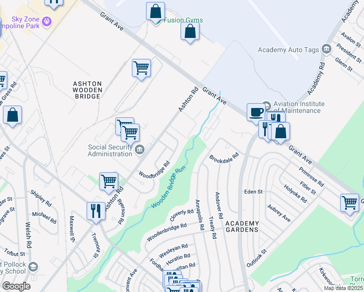 map of restaurants, bars, coffee shops, grocery stores, and more near 9491 Woodbridge Road in Philadelphia