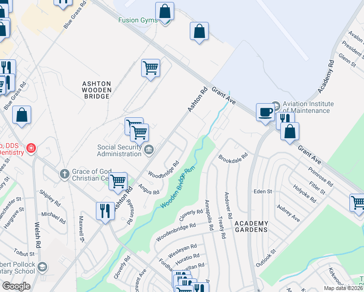 map of restaurants, bars, coffee shops, grocery stores, and more near 9491 Woodbridge Road in Philadelphia