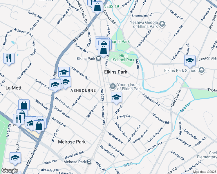 map of restaurants, bars, coffee shops, grocery stores, and more near 1342 Ashbourne Road in Elkins Park