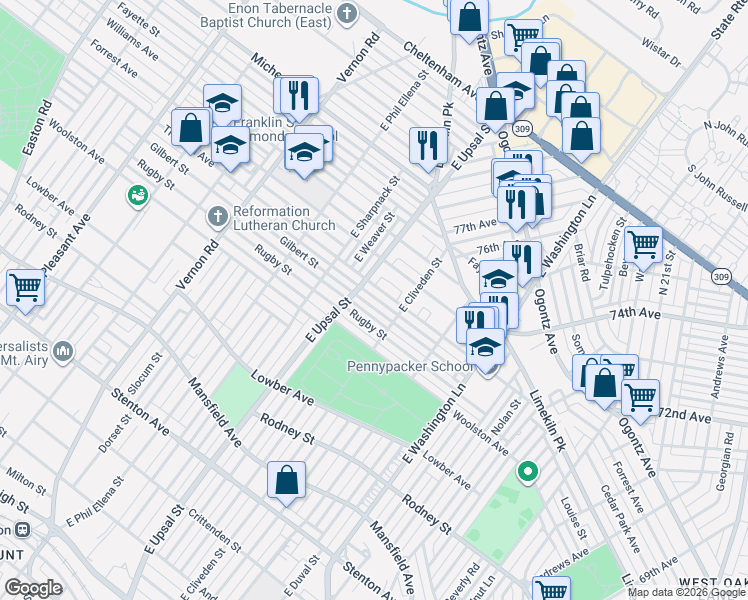 map of restaurants, bars, coffee shops, grocery stores, and more near 7626 Thouron Avenue in Philadelphia