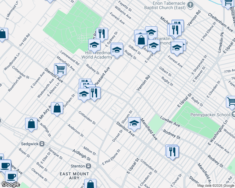 map of restaurants, bars, coffee shops, grocery stores, and more near 8041 Mansfield Avenue in Philadelphia