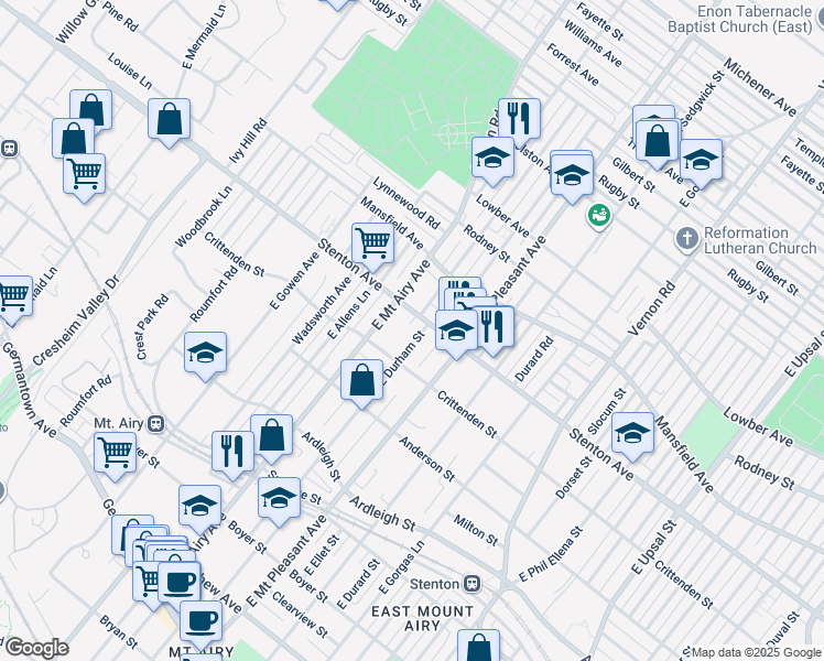 map of restaurants, bars, coffee shops, grocery stores, and more near 607 East Durham Street in Philadelphia