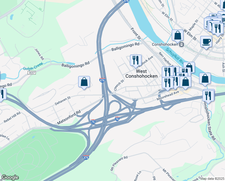 map of restaurants, bars, coffee shops, grocery stores, and more near 900 Dehaven Street in Conshohocken