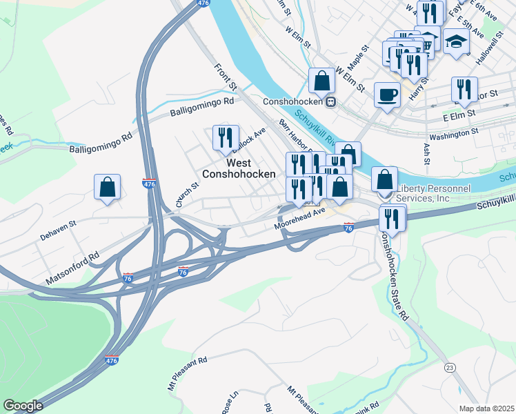 map of restaurants, bars, coffee shops, grocery stores, and more near 13 Nathans Place in Conshohocken