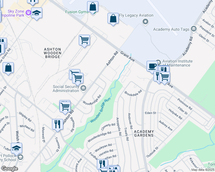 map of restaurants, bars, coffee shops, grocery stores, and more near 9493 Woodbridge Road in Philadelphia