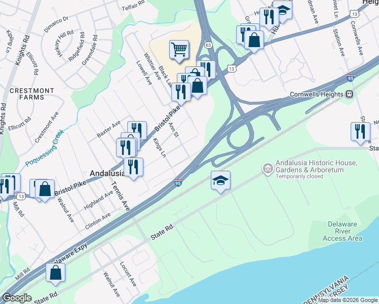 map of restaurants, bars, coffee shops, grocery stores, and more near 817 Ann Street in Andalusia