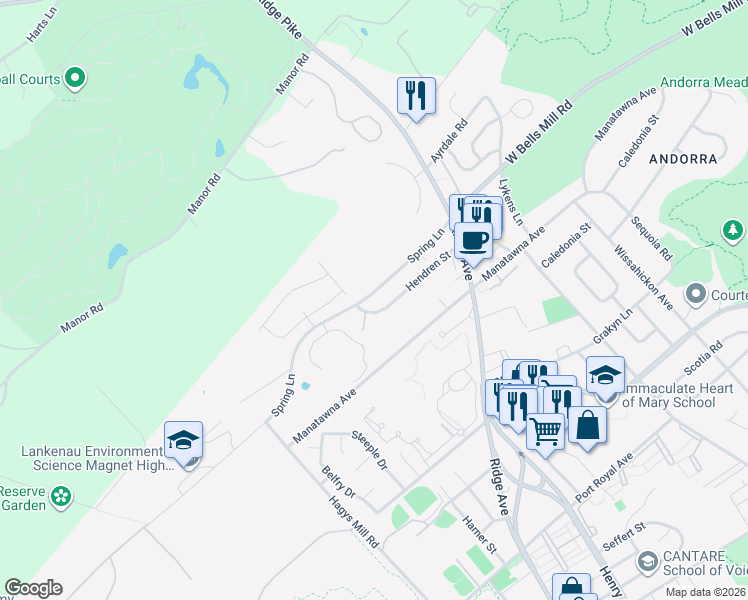map of restaurants, bars, coffee shops, grocery stores, and more near 646 Spring Lane in Philadelphia