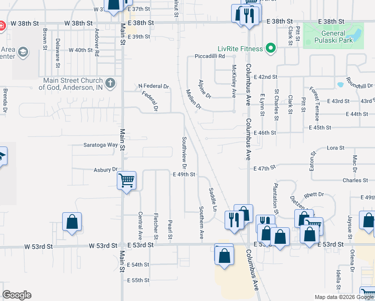 map of restaurants, bars, coffee shops, grocery stores, and more near 4620 Southview Drive in Anderson