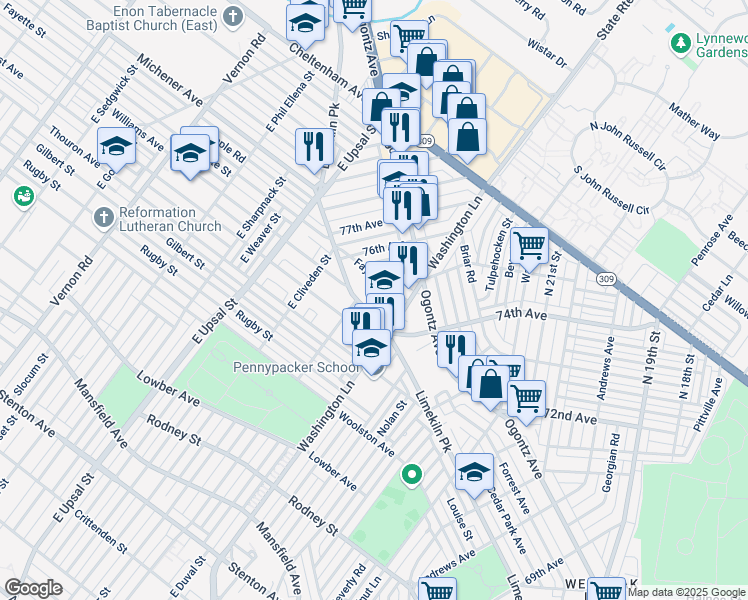 map of restaurants, bars, coffee shops, grocery stores, and more near 7439 Limekiln Pike in Philadelphia