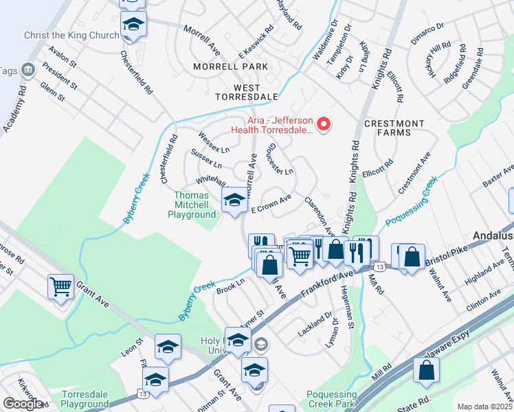 map of restaurants, bars, coffee shops, grocery stores, and more near 3674 Essex Lane in Philadelphia