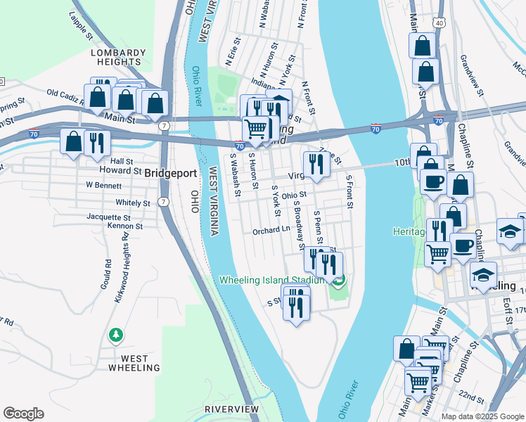 map of restaurants, bars, coffee shops, grocery stores, and more near 312 South Huron Street in Wheeling