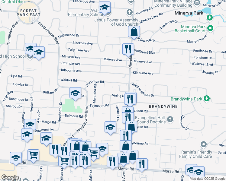 map of restaurants, bars, coffee shops, grocery stores, and more near 4832 Bradington Court in Columbus