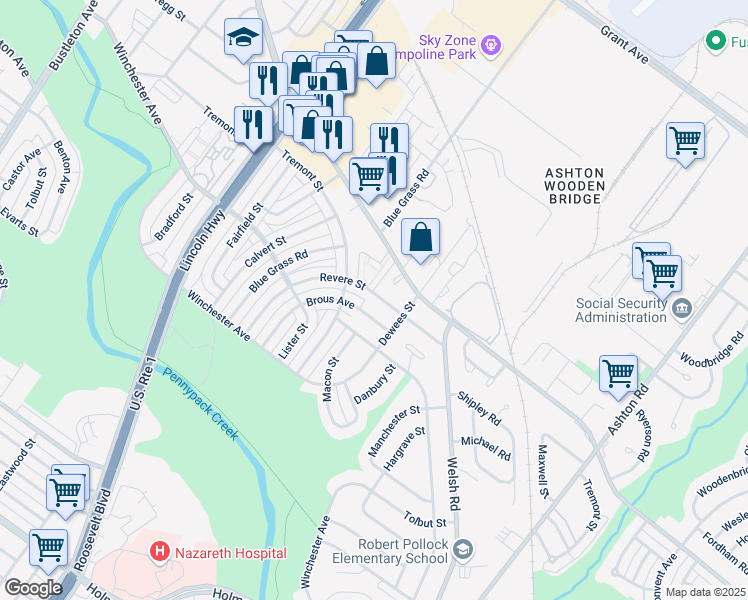 map of restaurants, bars, coffee shops, grocery stores, and more near 9029 Revere Street in Philadelphia