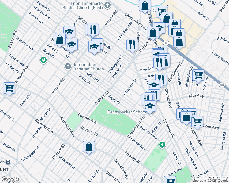 map of restaurants, bars, coffee shops, grocery stores, and more near 7641 Gilbert Street in Philadelphia