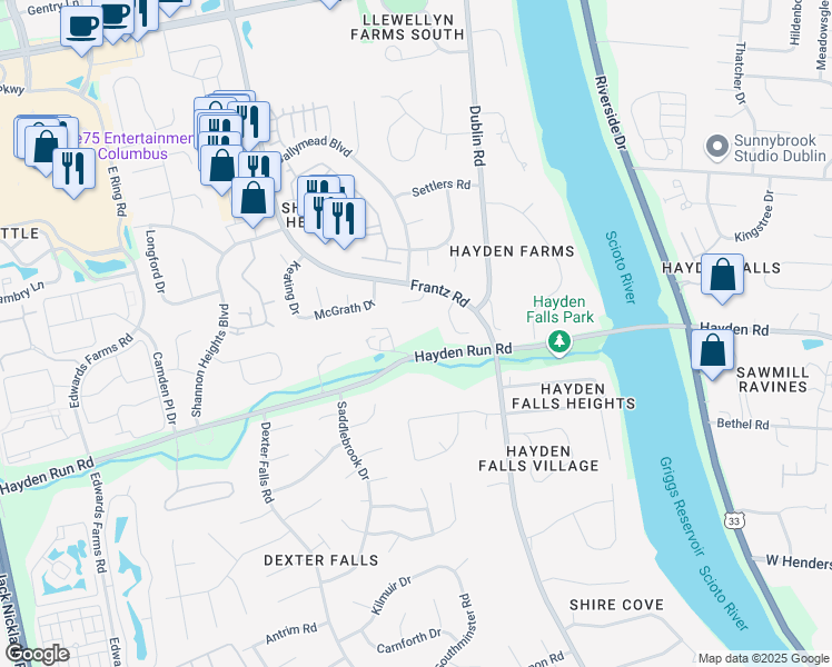 map of restaurants, bars, coffee shops, grocery stores, and more near 4586 Hayden Run Road in Columbus