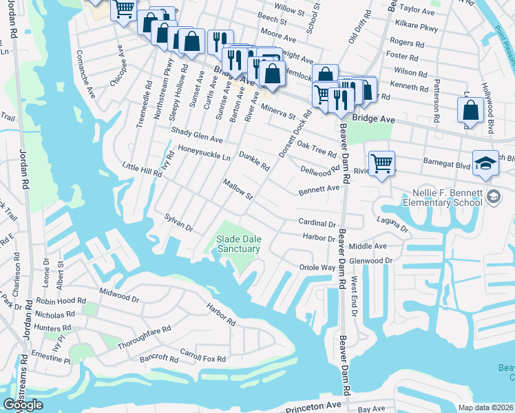 map of restaurants, bars, coffee shops, grocery stores, and more near 2350 Cardinal Drive in Point Pleasant