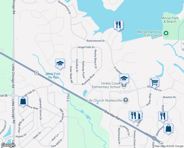 map of restaurants, bars, coffee shops, grocery stores, and more near 6538 Rushing River in Noblesville