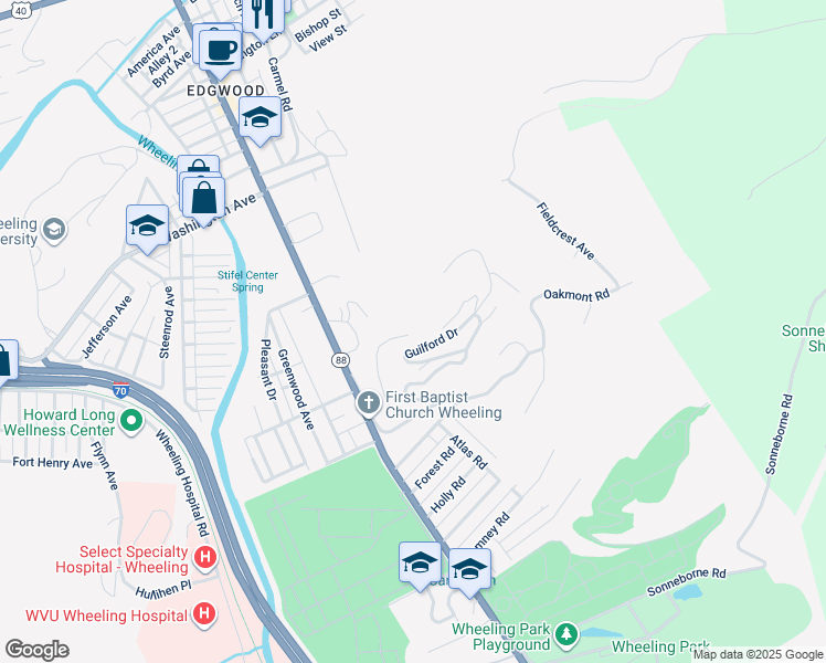 map of restaurants, bars, coffee shops, grocery stores, and more near 41 Fairfax Drive in Wheeling