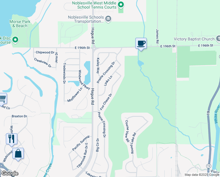 map of restaurants, bars, coffee shops, grocery stores, and more near 19267 Fox Chase Drive in Noblesville