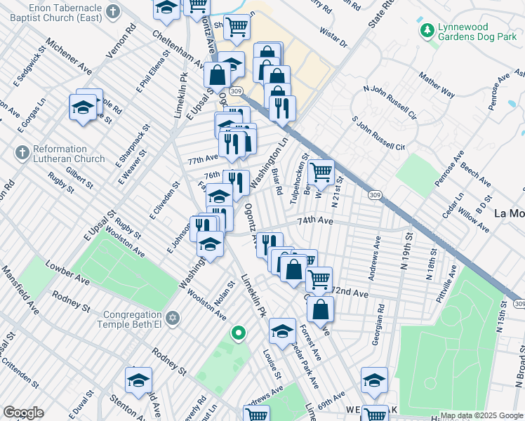map of restaurants, bars, coffee shops, grocery stores, and more near 7436 Sommers Road in Philadelphia