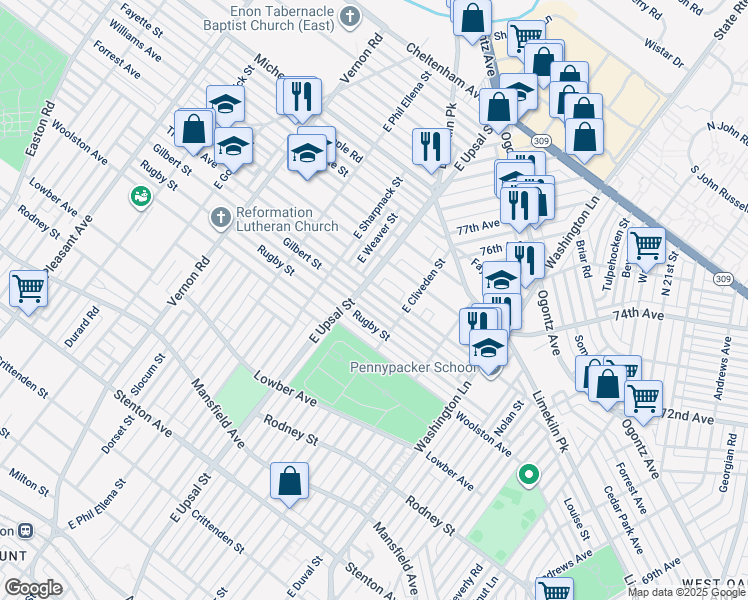 map of restaurants, bars, coffee shops, grocery stores, and more near 7641 Gilbert Street in Philadelphia