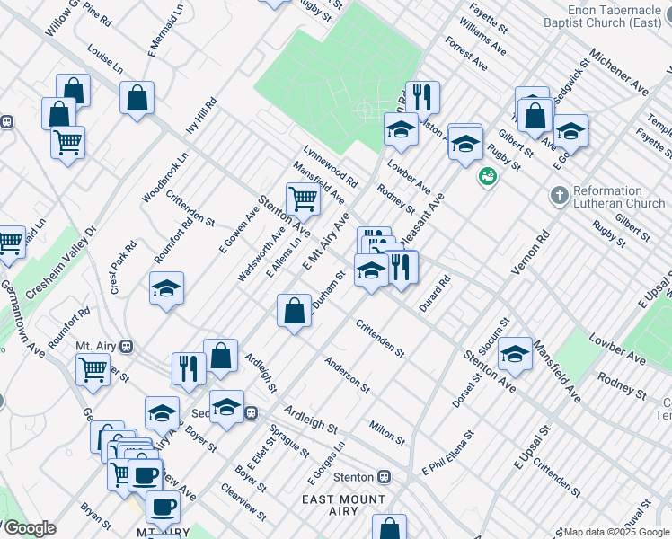 map of restaurants, bars, coffee shops, grocery stores, and more near 617 East Durham Street in Philadelphia