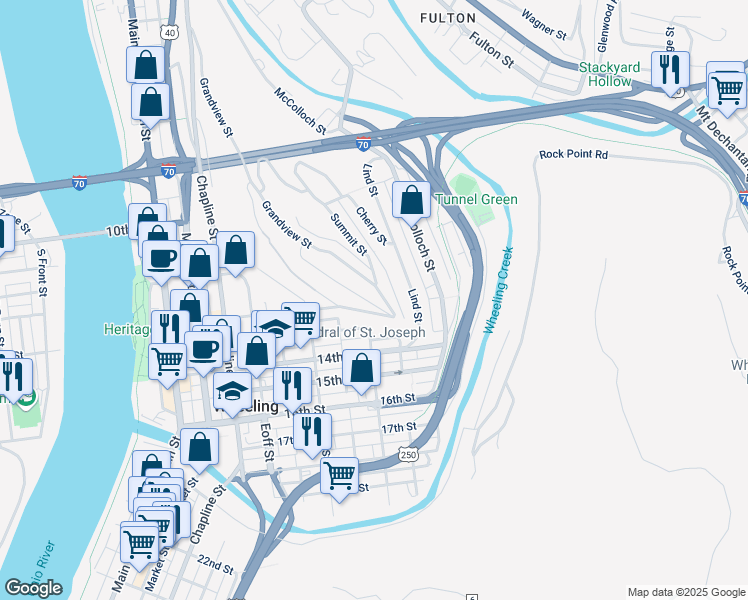 map of restaurants, bars, coffee shops, grocery stores, and more near 117G Grandview St in Wheeling