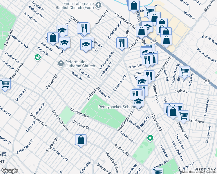map of restaurants, bars, coffee shops, grocery stores, and more near 7624 Thouron Avenue in Philadelphia