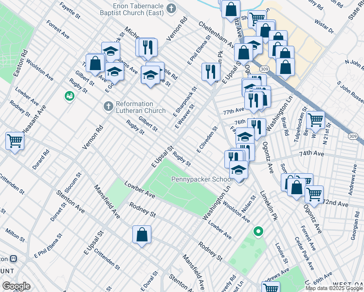 map of restaurants, bars, coffee shops, grocery stores, and more near 7643 Gilbert Street in Philadelphia