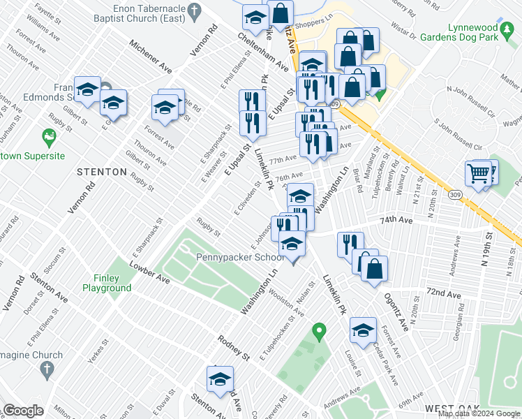 map of restaurants, bars, coffee shops, grocery stores, and more near 7529 Forrest Avenue in Philadelphia