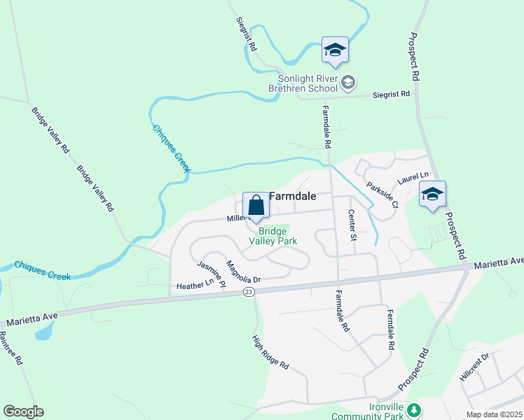 map of restaurants, bars, coffee shops, grocery stores, and more near 4475 Miller Drive in Mount Joy