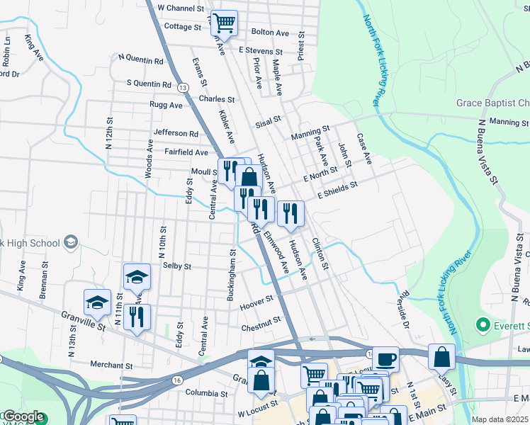 map of restaurants, bars, coffee shops, grocery stores, and more near 24 West Shields Street in Newark