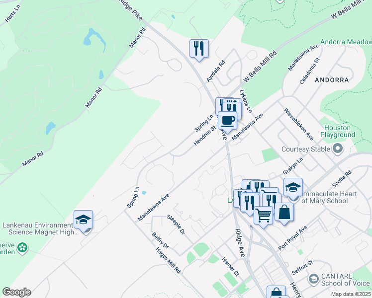 map of restaurants, bars, coffee shops, grocery stores, and more near 647 Hendren Street in Philadelphia