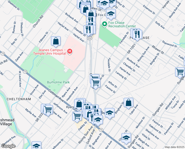map of restaurants, bars, coffee shops, grocery stores, and more near 7612 Rockwell Ave in Philadelphia