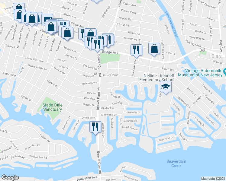 map of restaurants, bars, coffee shops, grocery stores, and more near 2303 Cardinal Drive in Point Pleasant