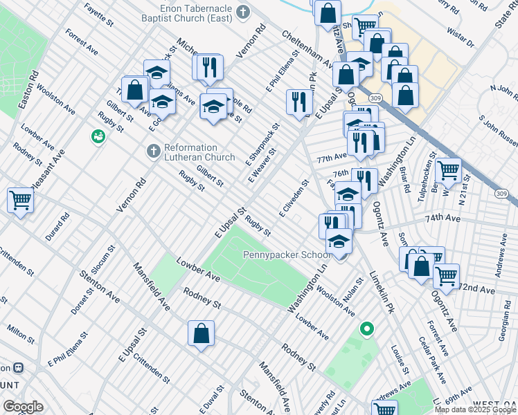 map of restaurants, bars, coffee shops, grocery stores, and more near 7643 Gilbert Street in Philadelphia