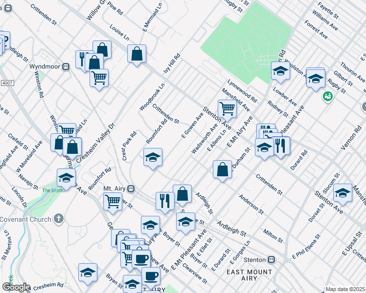 map of restaurants, bars, coffee shops, grocery stores, and more near 348 East Gowen Avenue in Philadelphia