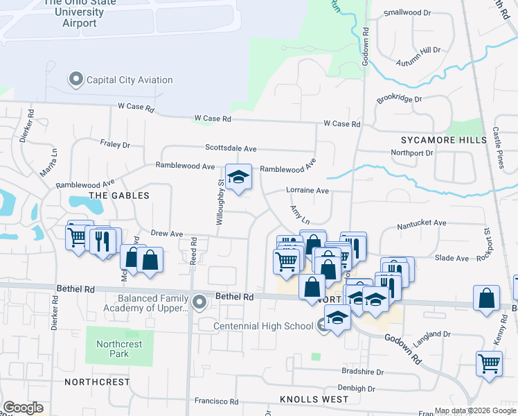map of restaurants, bars, coffee shops, grocery stores, and more near 5401 Hollister Street in Columbus
