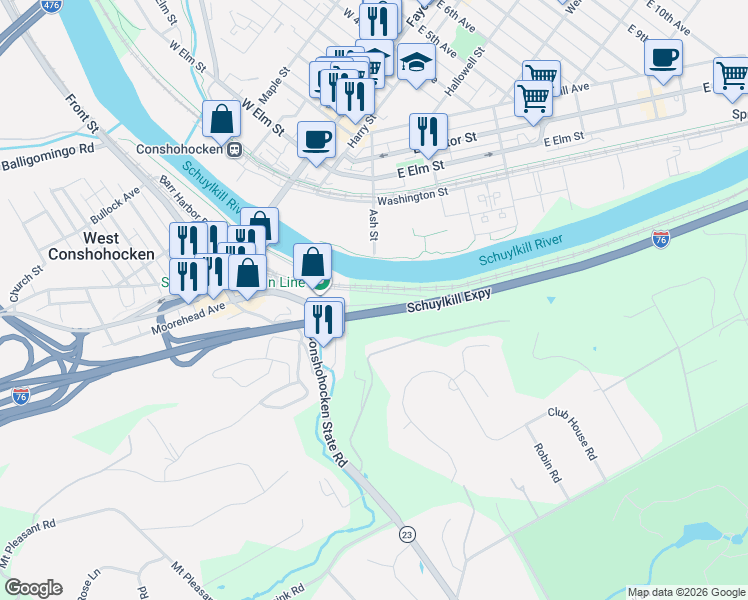 map of restaurants, bars, coffee shops, grocery stores, and more near 2 Woodmont Road in Conshohocken