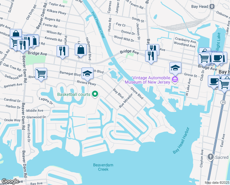 map of restaurants, bars, coffee shops, grocery stores, and more near 1852 Bay Boulevard in Point Pleasant