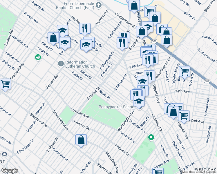 map of restaurants, bars, coffee shops, grocery stores, and more near 7626 Thouron Avenue in Philadelphia