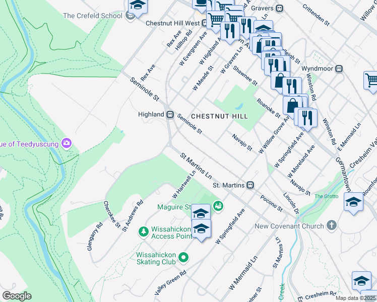 map of restaurants, bars, coffee shops, grocery stores, and more near 8209 Saint Martins Lane in Philadelphia