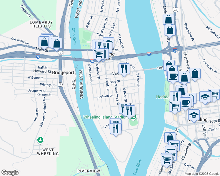 map of restaurants, bars, coffee shops, grocery stores, and more near 314 South York Street in Wheeling