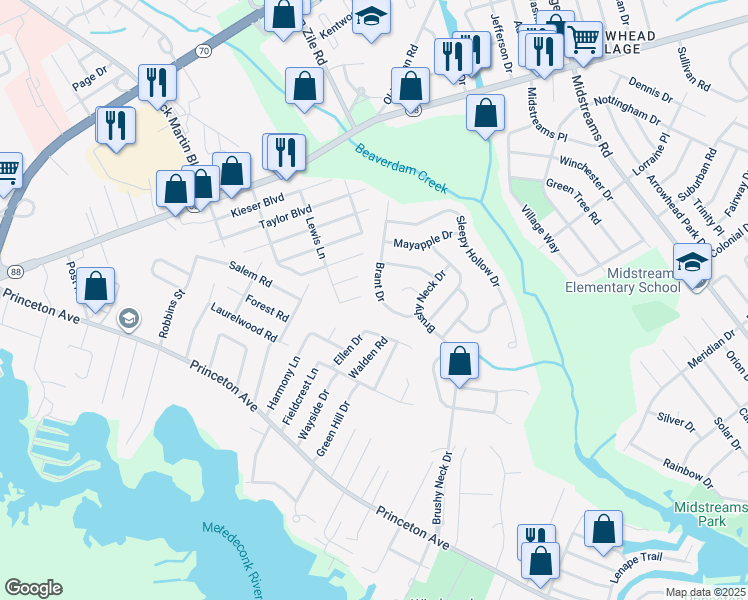 map of restaurants, bars, coffee shops, grocery stores, and more near 19 Brant Drive in Brick Township