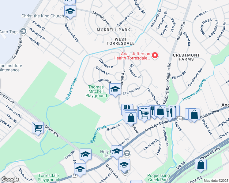 map of restaurants, bars, coffee shops, grocery stores, and more near 3699 Whitehall Lane in Philadelphia