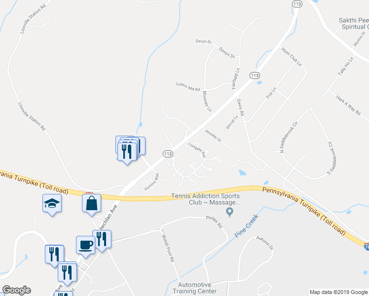 map of restaurants, bars, coffee shops, grocery stores, and more near 5408 Lister Court in Chester Springs