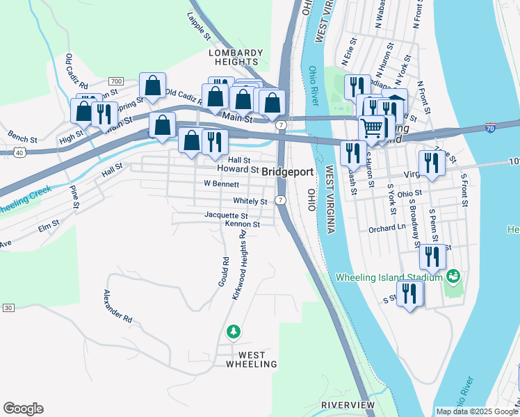 map of restaurants, bars, coffee shops, grocery stores, and more near 1 2 Whitely Street in Bridgeport