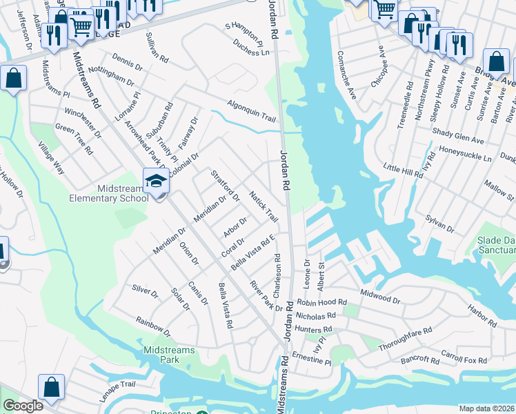 map of restaurants, bars, coffee shops, grocery stores, and more near 142 Natick Trail in Brick Township