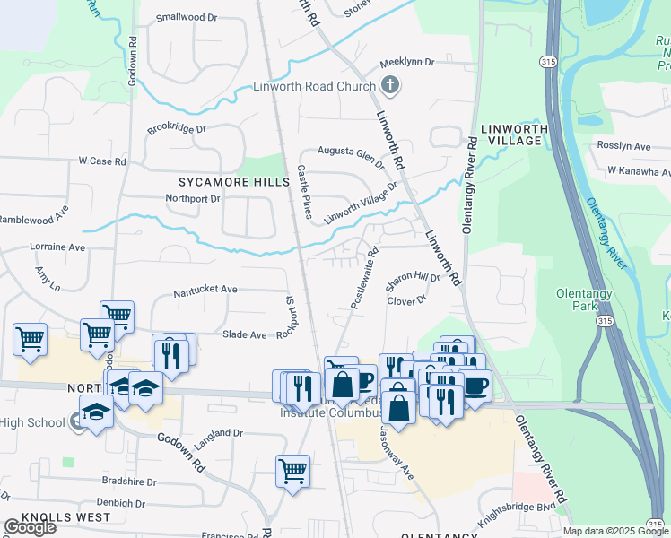 map of restaurants, bars, coffee shops, grocery stores, and more near 997 Village Brook Way in Columbus
