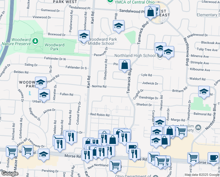 map of restaurants, bars, coffee shops, grocery stores, and more near 1675 Norma Road in Columbus